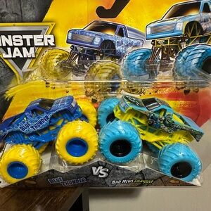 Monster Jam Blue Thunder vs Bad News Travels Fast Toy Trucks